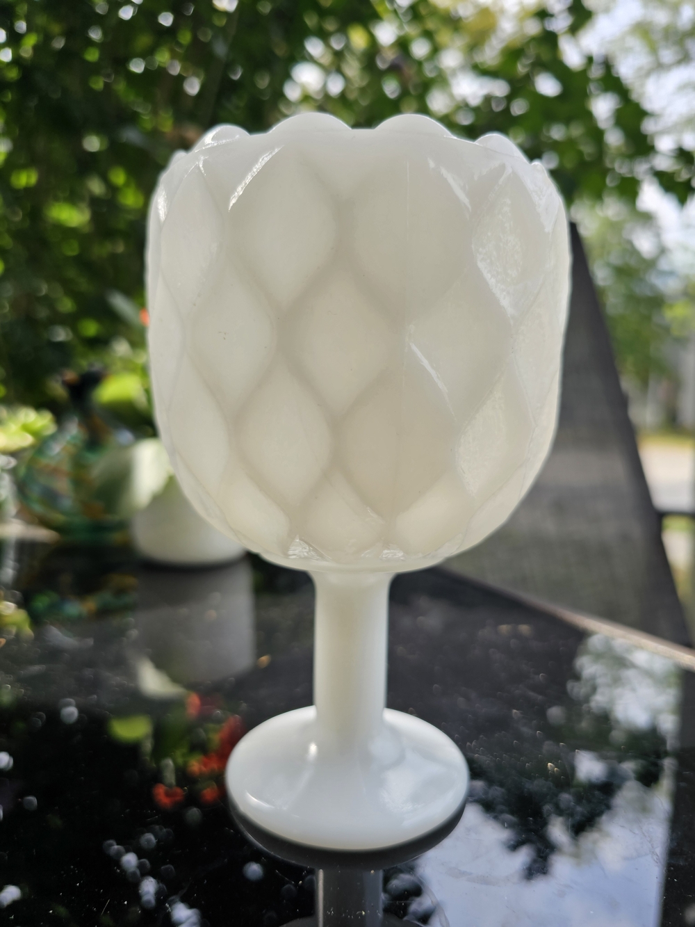 Vintage E.O. Brody White Milk Glass Goblet Scalloped Diamond Quilt Pattern